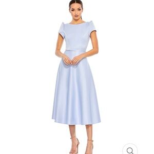 Mac Duggal SATIN PUFF SHOULDER TEA LENGTH DRESS